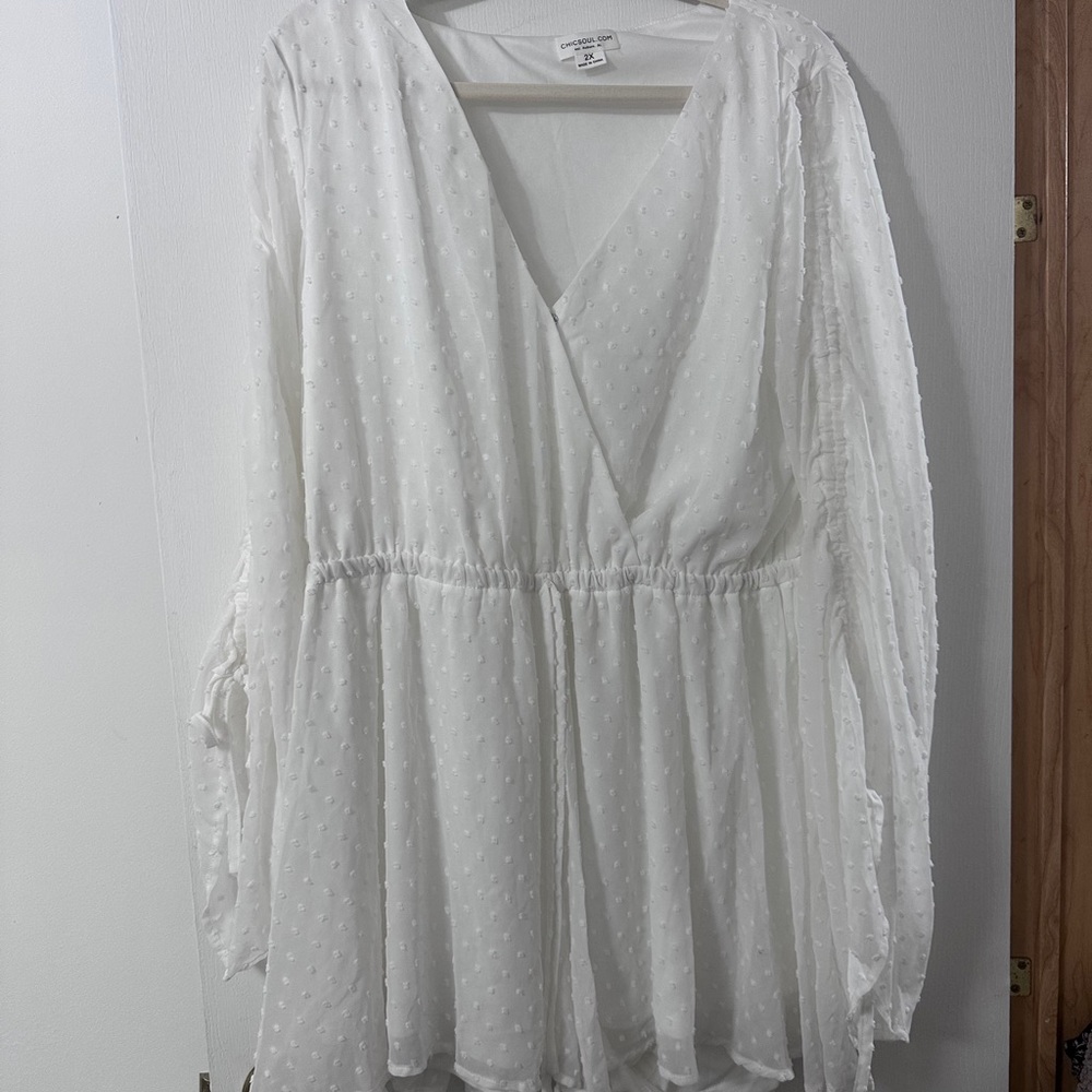Chic Soul White Swiss-Dot Wrap Romper with Long Sleeves